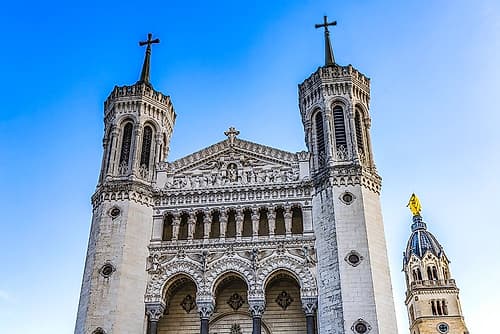 Basilica of Notre Dame de Fourviere, Lyon, France. Dedicated to Virgin Mary and thanks to God. Art Print